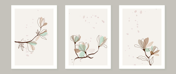 Abstract floral and botanical watercolor wall art template. Spring wallpaper with branches, flowers, blooms and leaf in line art pattern. Minimal nature design for background decor, interior.