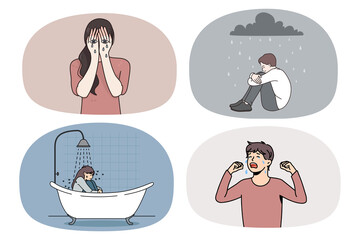 Set of unhappy crying people suffer from mental psychological problems or mental breakdown. Collection of upset distressed men and women having anxiety or depression. Vector illustration. 