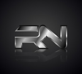Modern Initial logo 2 letters Silver Metal simple in Dark Background with Shadow Reflection RN