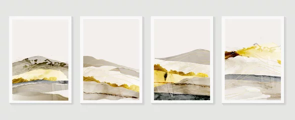 Rolgordijnen Luxe aquarel landschap muur kunst sjabloon. Abstract behang met bergen, heuvels, land, gouden lijntekeningen en tinten. Elegant natuurontwerp voor achtergrond, woondecoratie, interieur en banner. © TWINS DESIGN STUDIO