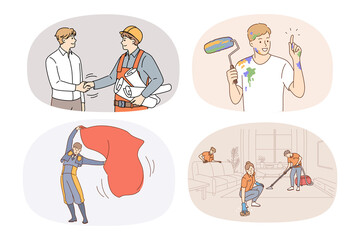 Collection of people jobs and careers. Set of persons having different occupations and professions. Employment. Architect, painter, toreador and housekeeper. Vector illustration. 