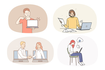 Set of diverse people working online on computer communicate with client. Collection of men and women use laptops networking on internet on lockdown. Vector illustration. 