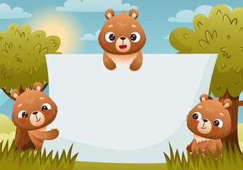 Baby bears hold a blank poster in the forest. Grass, trees and sky on the background. Drawn in cartoon style. Vector illustration for designs, prints and patterns.
