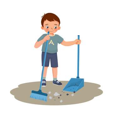 recommend clip art: cute little boy sweeping the floor with broom and scoop at living room doing daily routine housework chores