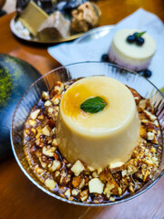 Pudding dessert jelly fruit panna cotta creamy cook recipe. Dairy sweet food object.  Delicious homemade fresh dish. Breakfast  gourmet closeup. Glass dish. Natural light, nobody.