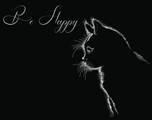 Obraz na płótnie Canvas drawing of a kitten on a black background with a wish to be happy
