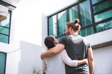 new home for buy and sale concept, caucasian couple seeing and check a new house for buy, lovely...