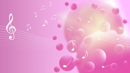 音楽のイメージ、音符と浮遊する球体のバックグラウンド
