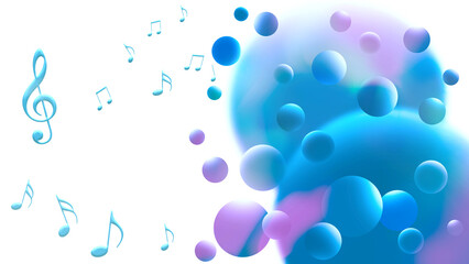 音楽のイメージ、音符と浮遊する球体のバックグラウンド
