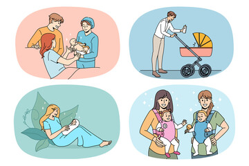 Set of happy young parents with baby infants excited about parenthood. Collection of smiling loving mother and father with little newborn children. Family growing, parenthood. Vector illustration. 