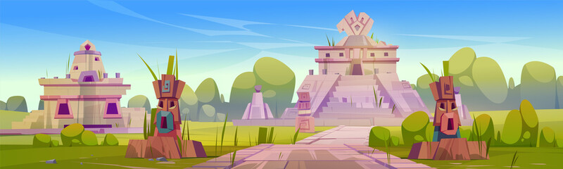 Ancient ruins of aztec temple, statues and pyramid. Vector cartoon illustration of summer landscape with tropical forest and abandoned village of mesoamerican mayan civilization - obrazy, fototapety, plakaty