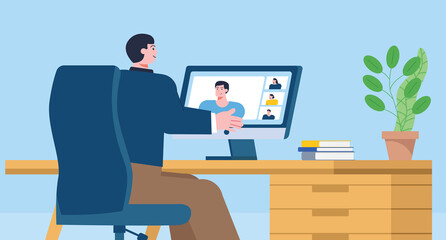 Concept Illustration Meeting with Online Business Partners, Work From Home, Computer Video Meet