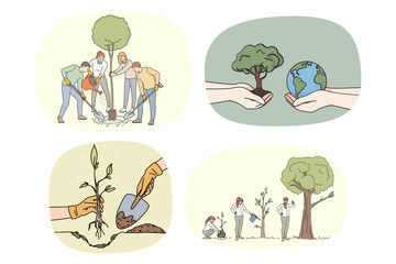 Set of diverse people plant seedling care about nature conservation. Collection of volunteers growing trees think of planet earth saving and protection. Environment safety. Vector illustration. 