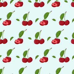 Red cherry with green leaves seamless pattern. Flat vector illustration