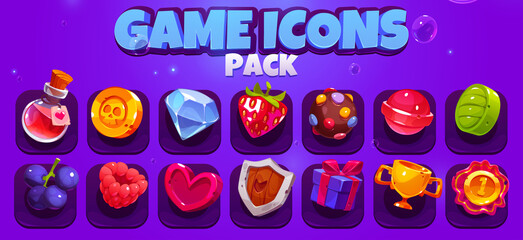 Game icons pack with potion, gold cup, heart, berries, candies and shield. Vector cartoon set of mobile game symbols, golden coin, strawberry, lollipop, gem and award badge © klyaksun