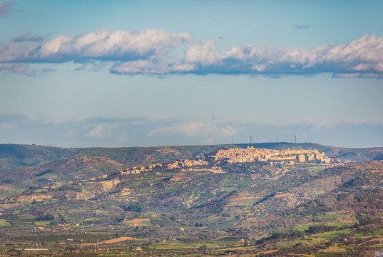 View of Mineo from Caltagirone, Catania, Sicily, Italy, Europe