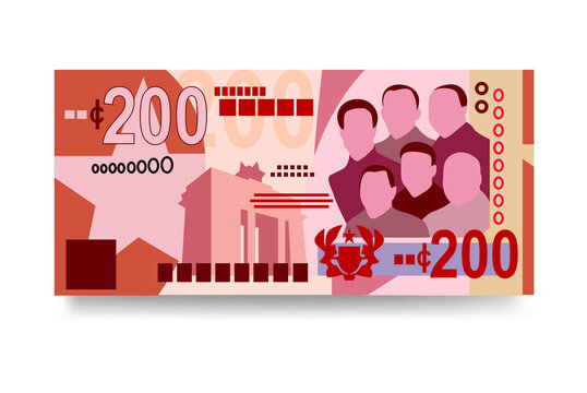 Ghana Cedi Vector Illustration. Ghanaian money set bundle banknotes. Paper money 200 GHS. Flat style. Isolated on white background. Simple minimal design.