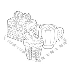 Black and white dessert. Cakes, sweets and cup with coffee isolated on white background. Different pastry for coloring book and food design.
