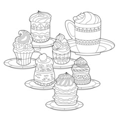 Black and white dessert. Cakes, sweets and cup with coffee isolated on white background. Different pastry for coloring book and food design.