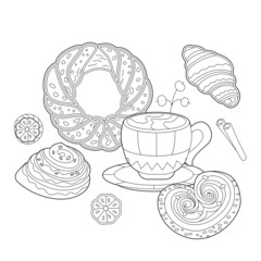 Black and white dessert. Cakes, sweets and cup with coffee isolated on white background. Different pastry for coloring book and food design.
