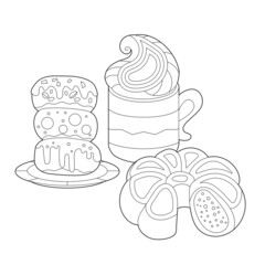 Black and white dessert. Cakes, sweets and cup with coffee isolated on white background. Different pastry for coloring book and food design.