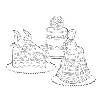 Black and white dessert. Cakes, sweets and cup with coffee isolated on white background. Different pastry for coloring book and food design.
