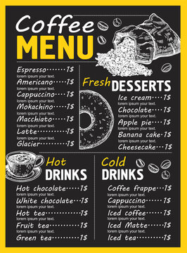 Vintage hand-drawn coffee shop menu design. Sketch. Vector flyer for drinks for bar and cafe. Blackboard design template with vintage hand drawn food illustrations. Corporate identity