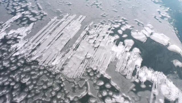 Top down view of empty frozen pond. Filmed in 4k, drone video.
