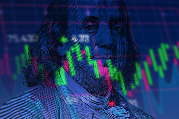 Stock market concept, financial data analysis graph showing market trends over American dollar on a digital display	
