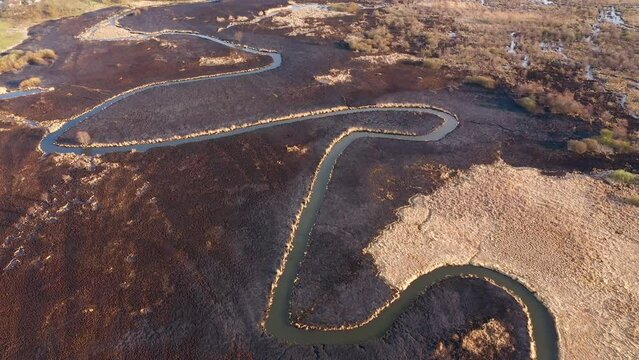 Burnt dry grass in the nature reserve of the river Seret, from a bird's eye view. Filmed in UHD 4k video.