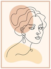 Abstract poster with minimal woman face. One line drawing style. Continuous line art in elegant style for prints, tattoos, posters, textile, cards etc. Beautiful women face Vector illustration
