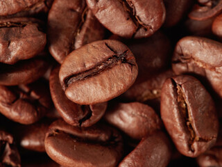 Coffee beans. On a black background. Top view. Space for copying.