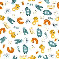 Cute monsters ABC alphabet seamless pattern. Funny and simple comic font in cartoon style. Various monster characters. Colorful isolated hand drawn doodles on white background