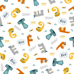 Cute monsters ABC alphabet seamless pattern. Funny and simple comic font in cartoon style. Various monster characters. Colorful isolated hand drawn doodles on white background