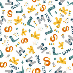 Cute monsters ABC alphabet seamless pattern. Funny and simple comic font in cartoon style. Various monster characters. Colorful isolated hand drawn doodles on white background