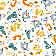 Cute monsters ABC alphabet seamless pattern. Funny and simple comic font in cartoon style. Various monster characters. Colorful isolated hand drawn doodles on white background
