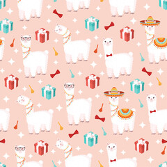 Seamless pattern with funny lamas in a sombrero with gifts and decor on a pink background. Vector illustration suitable for baby texture, textile, fabric, poster, greeting card. Cute alpaca from Peru.