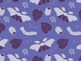 Life cycle of silk moth (Bombyx mori). Caterpillar, cocoon, butterfly, silkworm and mulberry leaf on the very peri background. Seamless pattern.