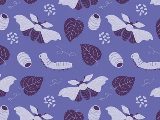 Cercles muraux Pantone 2022 very peri Life cycle of silk moth (Bombyx mori). Caterpillar, cocoon, butterfly, silkworm and mulberry leaf on the very peri background. Seamless pattern.