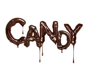The inscription Candy with dripping drops is made of melted chocolate on a white background