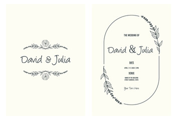 Vintage minimalist wedding invitation card template design, line art drawing of flowers with frame on paper