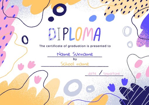 Kids diploma with abstract elements border. Kindergarten and school certificate template. Modern creative background design of childish graduation document, paper. Colored flat vector illustration