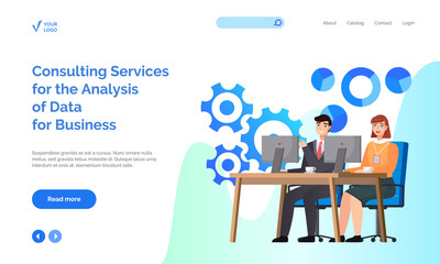 Consulting services for analysis of data for business concept. Website or webpage template, landing page flat style. Employees provide technical support. People work with customers using technology - obrazy, fototapety, plakaty
