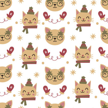 Christmas vector pattern with cats. Hand drawn winter seamless background