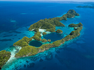 Aerial view of small tropical islands in the Pacific Ocean