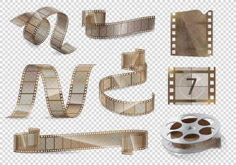 Cinema movie and photography 35 mm film strip template, vector flat element in vintage style. Cinema strip isolated icon set with recorded film on tape, cinematography retro photo roll with frames