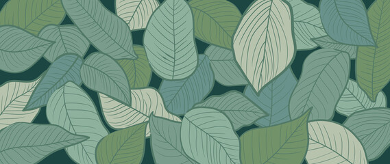 Abstract tropical and foliage on dark green background. Botanical nature wallpaper of line art green leaves and tree in hand drawn pattern. Summer jungle design for banner, prints, decoration. - obrazy, fototapety, plakaty