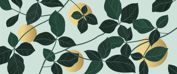 Abstract tropical and foliage on gold and green background. Botanical nature wallpaper of line art branches, green leaves and tree in hand drawn pattern. Summer jungle design for prints, decoration.