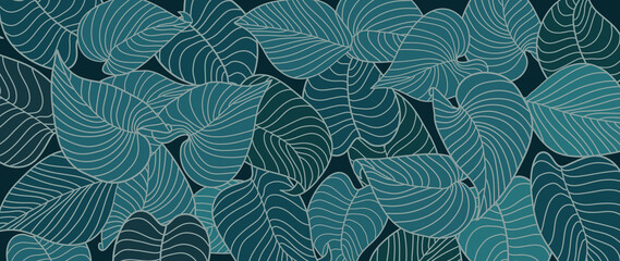 Abstract tropical and foliage on dark green background. Botanical nature wallpaper of line art green leaves and tree in hand drawn pattern. Summer jungle design for banner, prints, decoration.