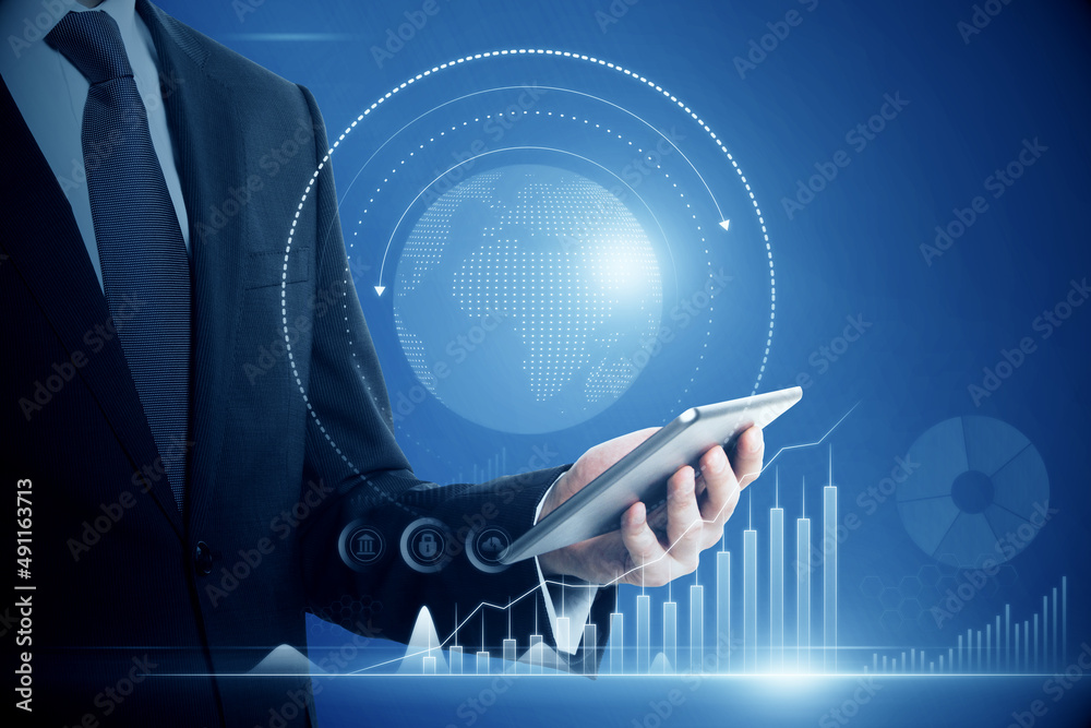 Aufkleber close up of businessman hand holding tablet with abstract glowing digital business chart and globe o